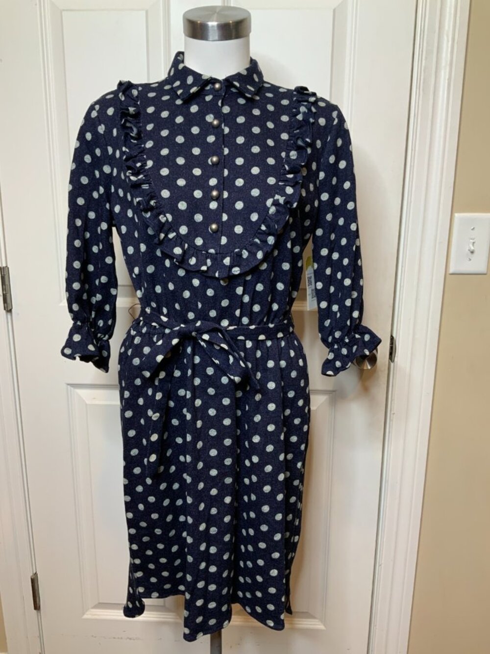 Eva Franco Blue Denim Polka Dot Ruffle Bib Belted Dress, Size 6